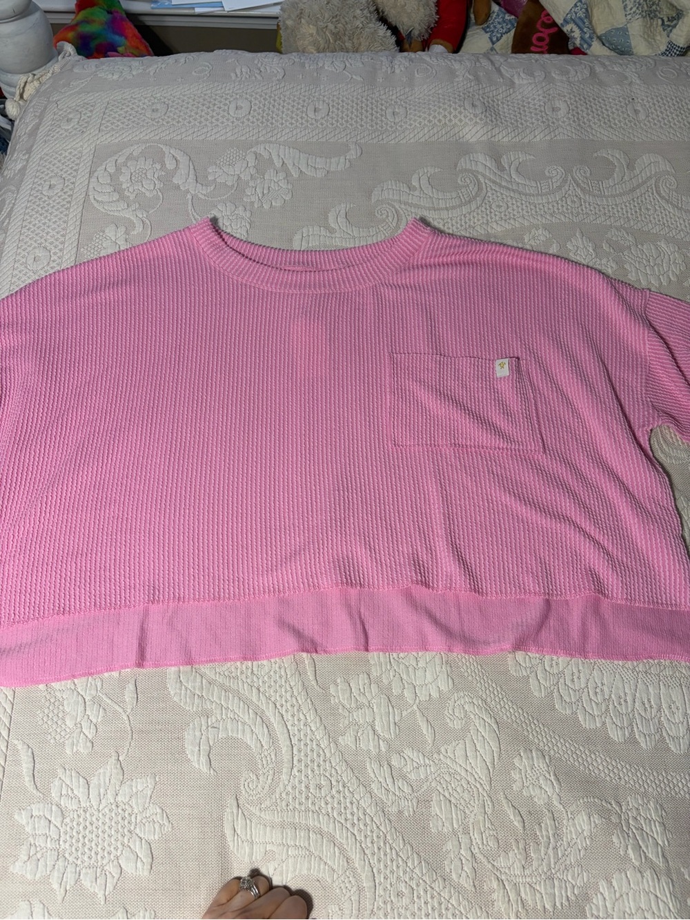 NWT Simply Southern Women’s Pink Waffle-Knit Crewneck cropped top with Pocket M